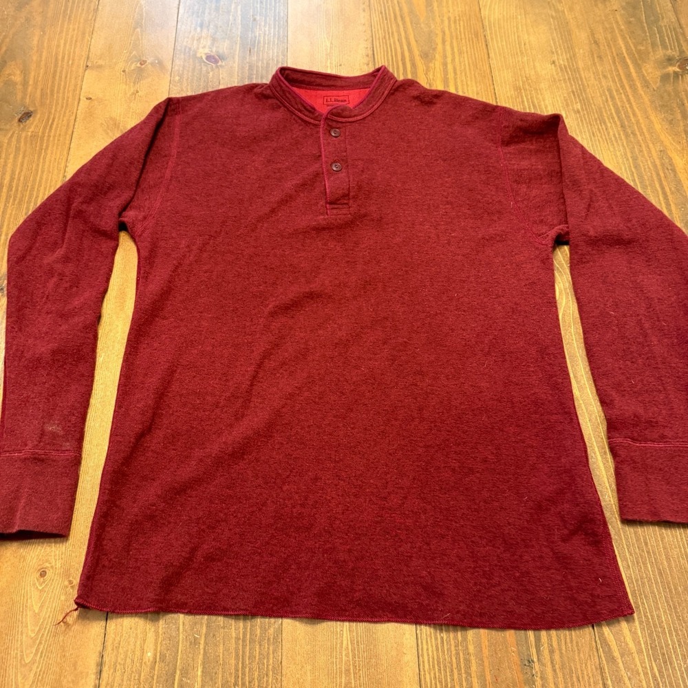 LL Bean River Driver Henley Shirt Men's Large Tall Red Double Layer Wool‎ Blend